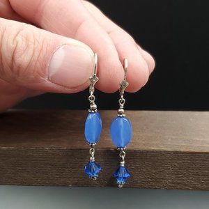 Sterling Silver Faceted Blue Glass And Crystal Long Earrings